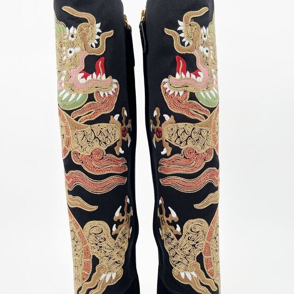 Gucci Black Silk Satin Candy Dragon Embroidered Crystal Bow Heeled Boot EU 37 - Picture 7 of 16